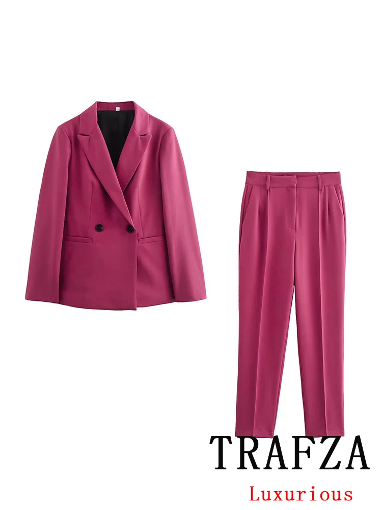 TRAFZA Vintage Chic Office Lady Pink Solid Women Suit Pockets V Neck Blazer Straight Loose Pants New Fashion 2024 Autumn Sets