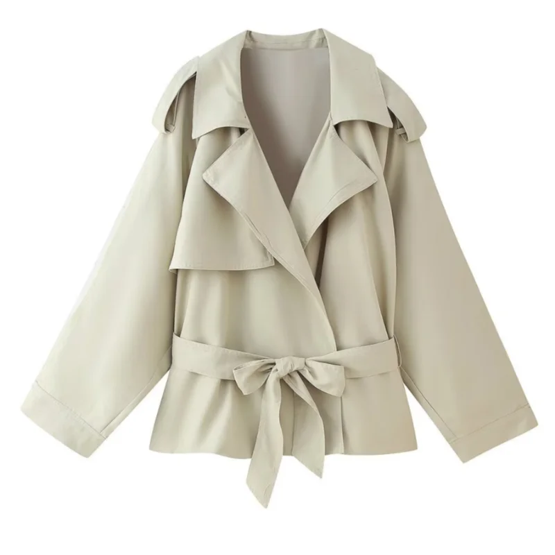 Trench corto da donna Casual con lacci Risvolto Manica intera Giacca ampia Moda High Street Outwear per donna 2025 Autunno