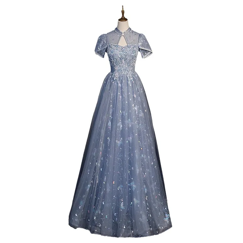 Elegancka suknia wieczorowa na bankiet 2026, nowa, z temperamentem, na zaręczyny, dla prowadzącej, niebieska, na ceremonię ukończenia szkoły, dla studenta, na egzamin artystyczny.