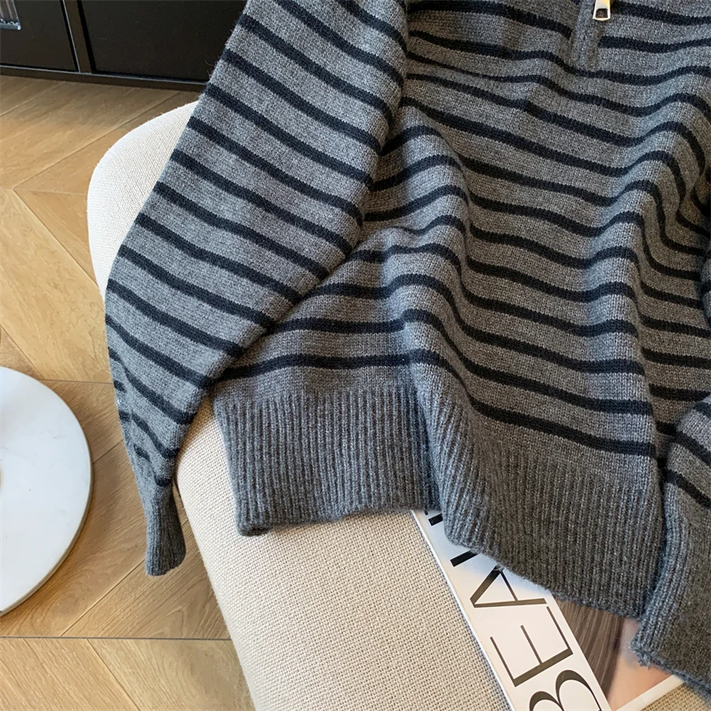 سترة نسائية مخططة غير رسمية نصف سحاب وياقة واقفة وأكمام طويلة قميص نسائي منسوج بألوان متباينة للخريف والشتاء