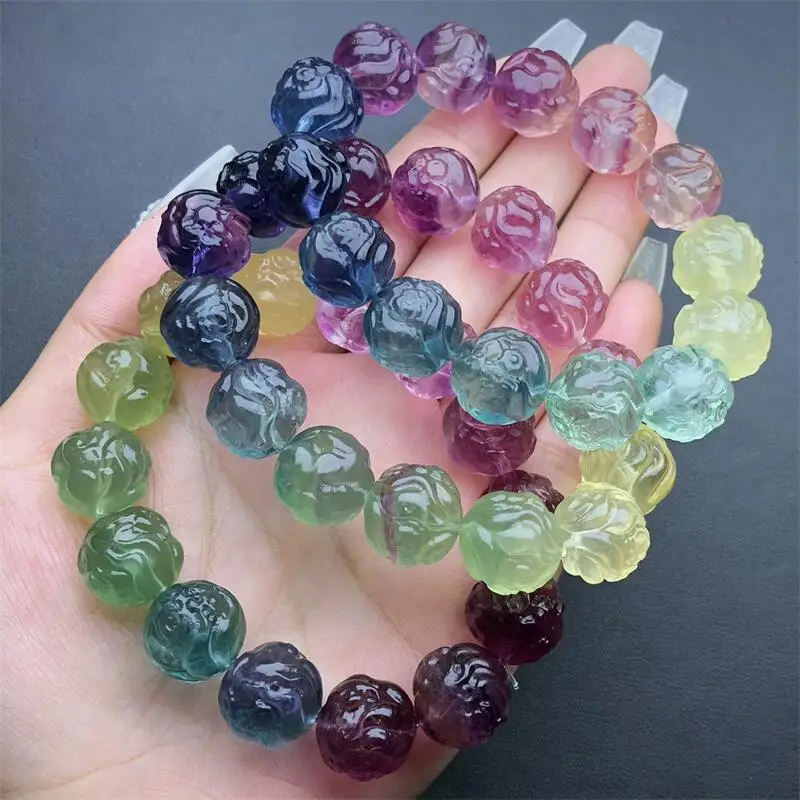 14MM Natural Fluorite Fox Fairy Bracelet Woman Lady Man Healing Wealth Gift Crystal Beads Quartz Gemstone Jewelry 1PCS