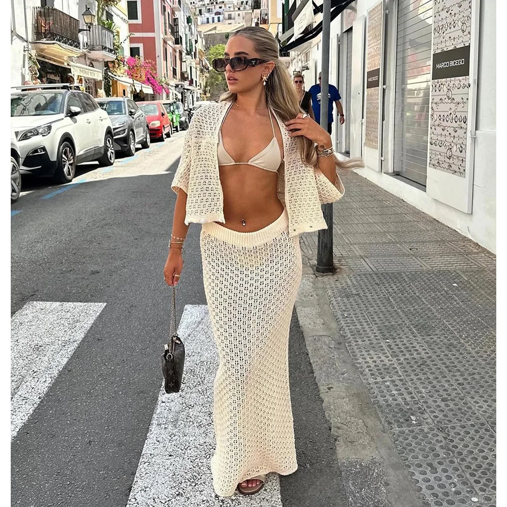 Suimsuit Cover up Beach 2024 Knitted Hollow Out cardigan Top Bodycon Skirt Sets Mesh High-Waist Bottoms Suit Sexy Streetwear