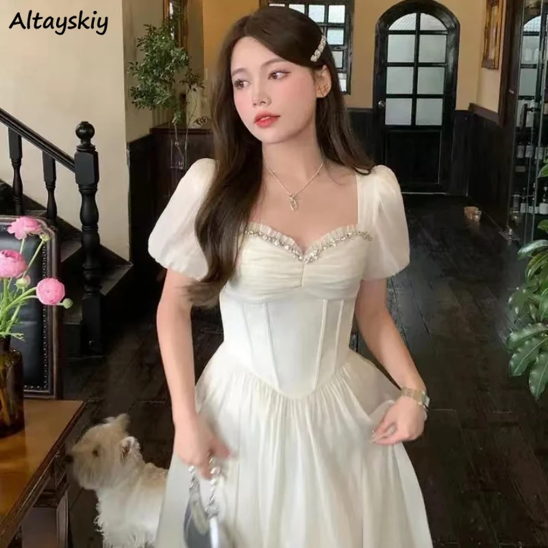 

White Fairycore Princess Dresses Women Puff Sleeve Diamonds Midi Vintage Chiffon A-line Birthday Party Holiday Ins Temperament