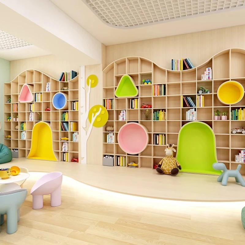 

Whole wall custom kindergarten school reading room activity area creative curved bookcase simple reading corner picture book