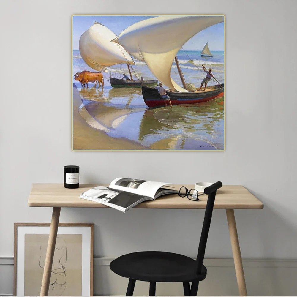 Citon Joaquin Sorolla《Cow and boat》Canvas Oil Painting Artwork Poster Decorative Picture Wall Decor Home Living Room Decoration