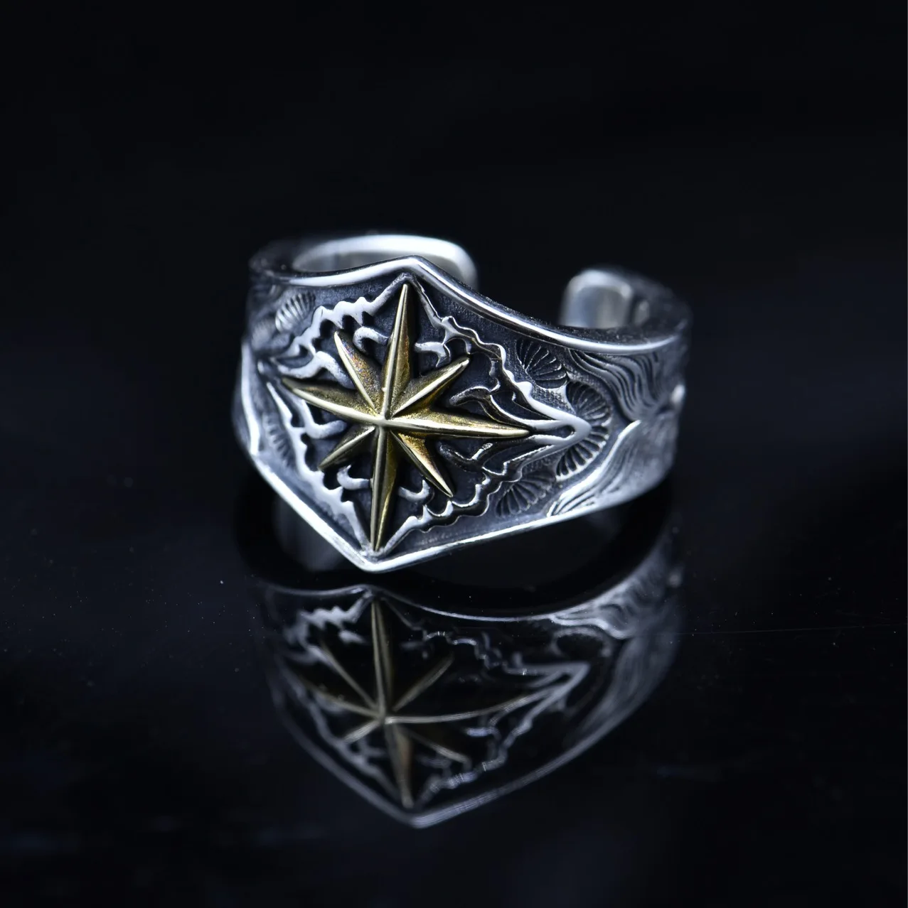 925 sterling silver ring eight-pointed star trendy index finger ring european and american niche design retro ring hip hop style