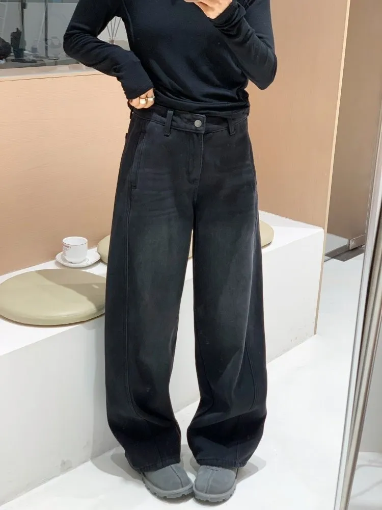 

Feita Winter Thiened Velvet Charcoal Bla Wide Leg Loose Fitting Straight Cut Jeans High Waist Casual Cotton Blend Trousers