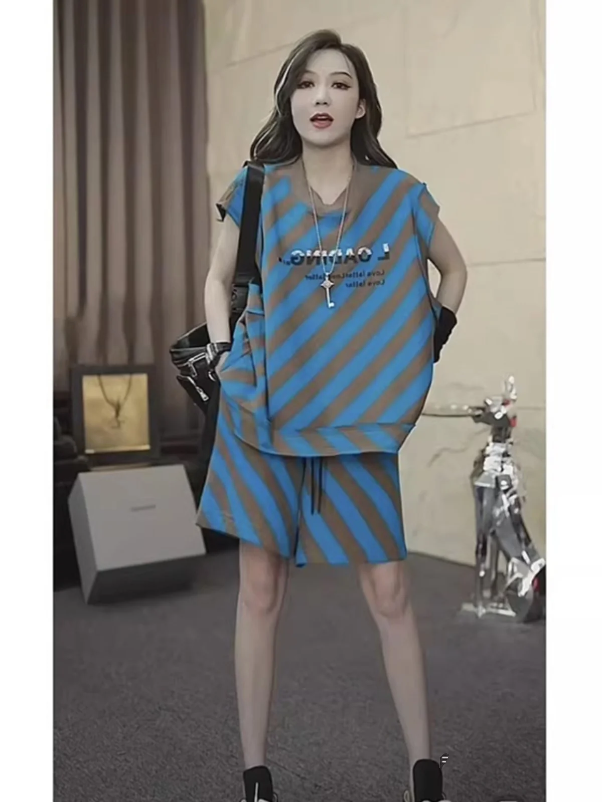 

Summer American Retro plus Size Women's Striped Vest Set Sleeveless Casual Short Pants Two-Piece Suit Straight Cut Fashion