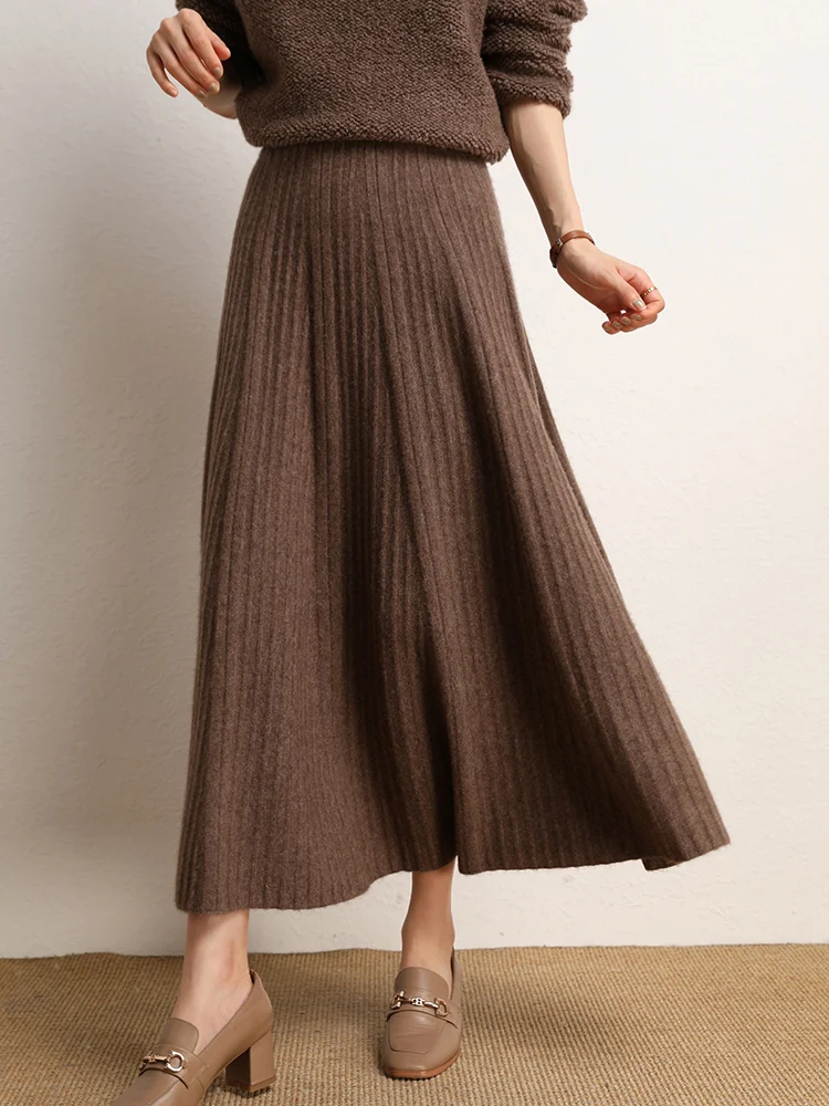 

Yoyoselect 100% Cashmere Women's Exquisite Skirt Pleated Ankle Length Skirt Autumn Winter Elegant Skirt Flowy Luxury Dress