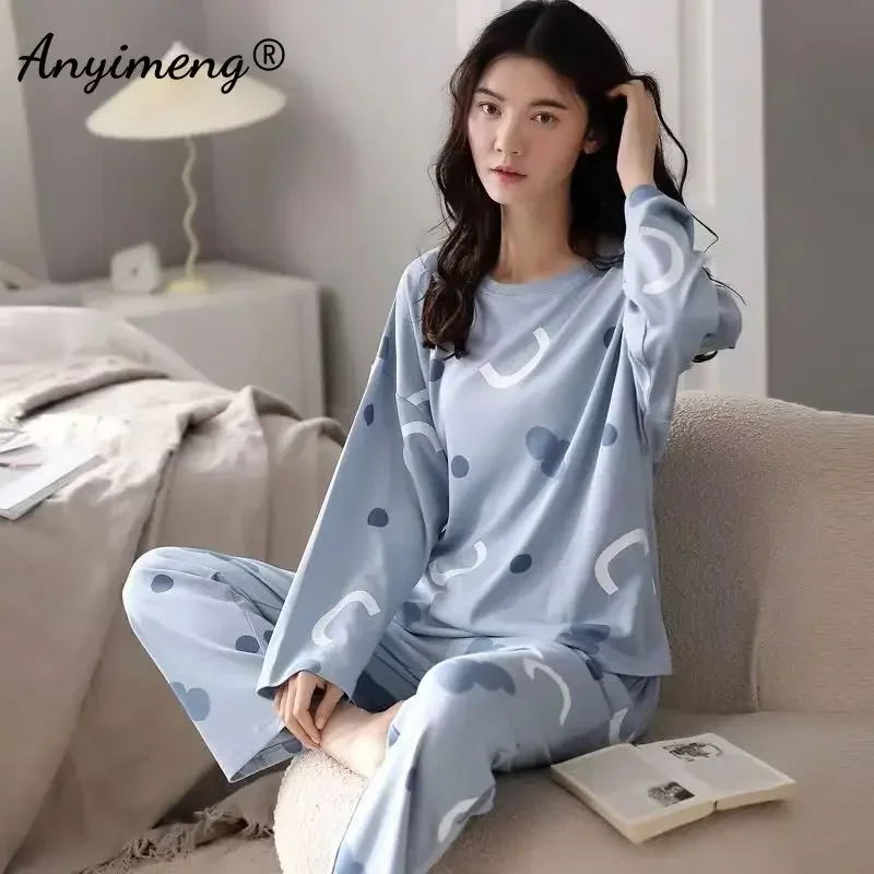 3XL 4XL 5XL Autumn Spring Women New Pajamas Set Long Sleeve Round Neck Woman\'s Sleepwear Kawaii Pringitng Girl Casual Loungewear