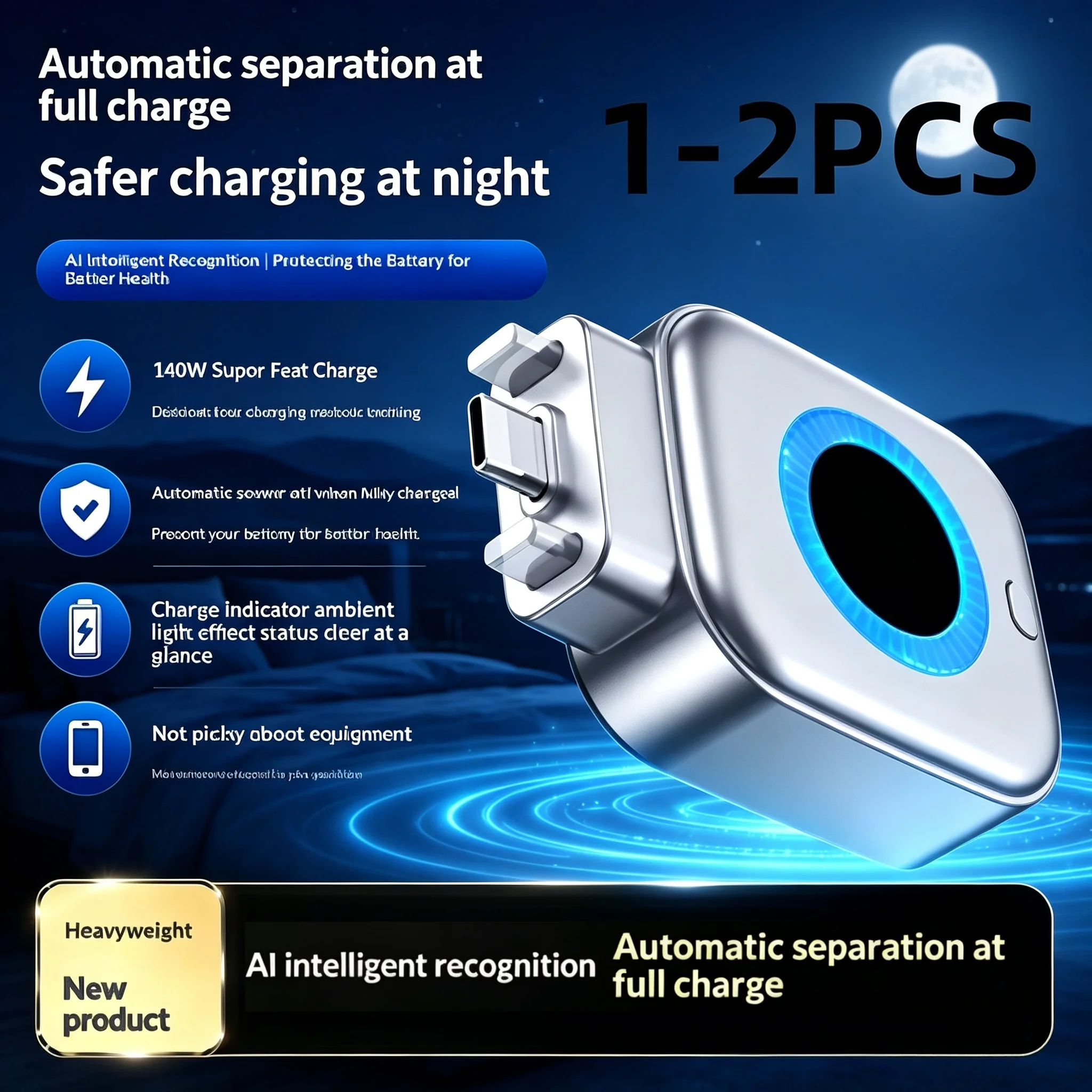 Chargeur USB-C intelligent 140W à charge rapide pour téléphones, avec coupure automatique de l'alimentation à charge complète
