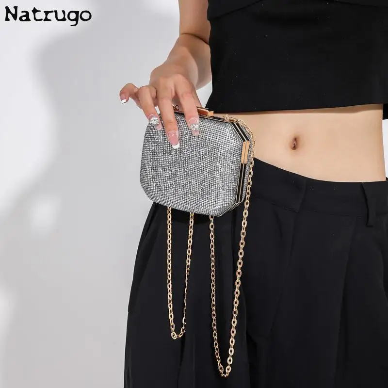 Women Mini Evening Bag Fashion Rhinestone Retro Shoulder Bag Women Gold Siver Black Color Chain Crossbody Bag