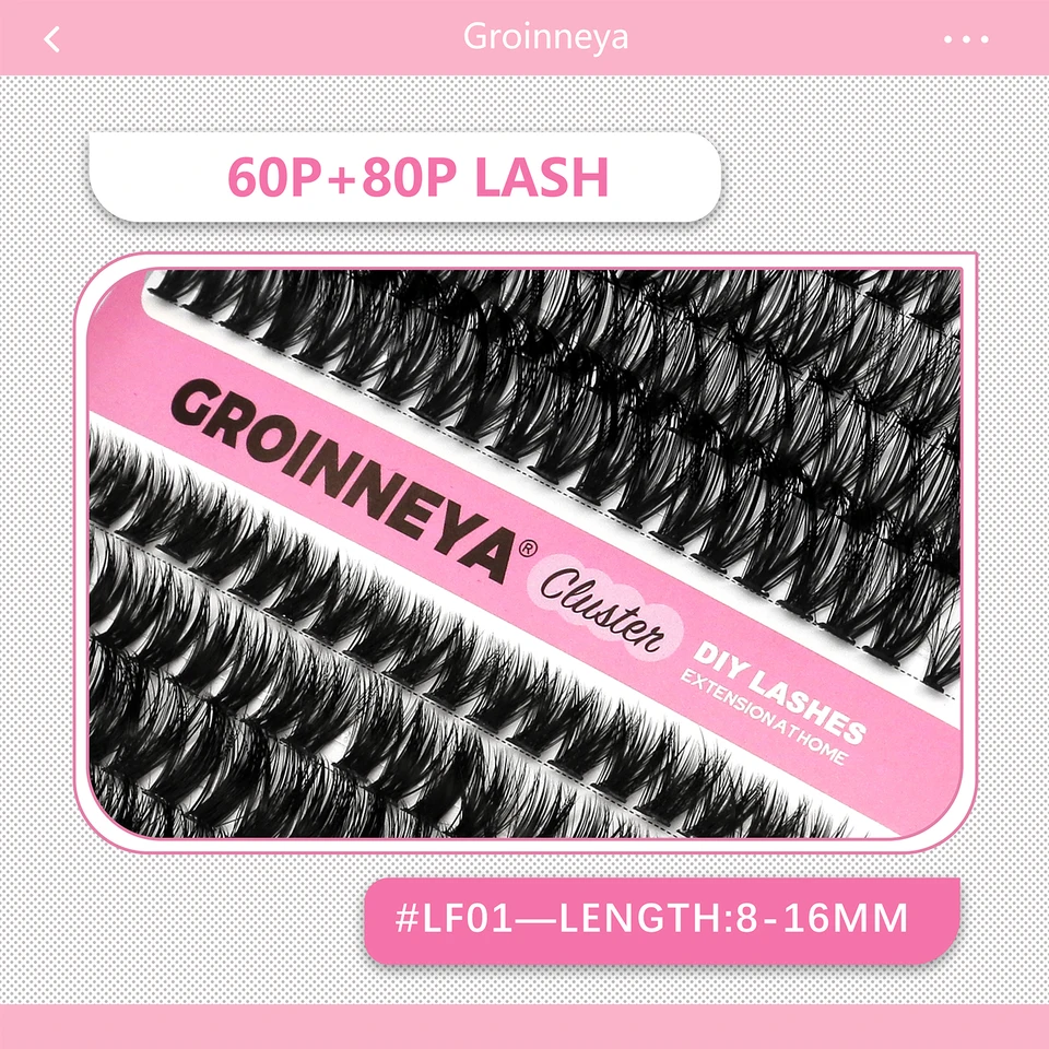 Kit de pestañas postizas DIY GROINNEYA, pestañas individuales de alta capacidad, mezcla de volumen en bandeja, set de 60P+80P para maquillaje 5
