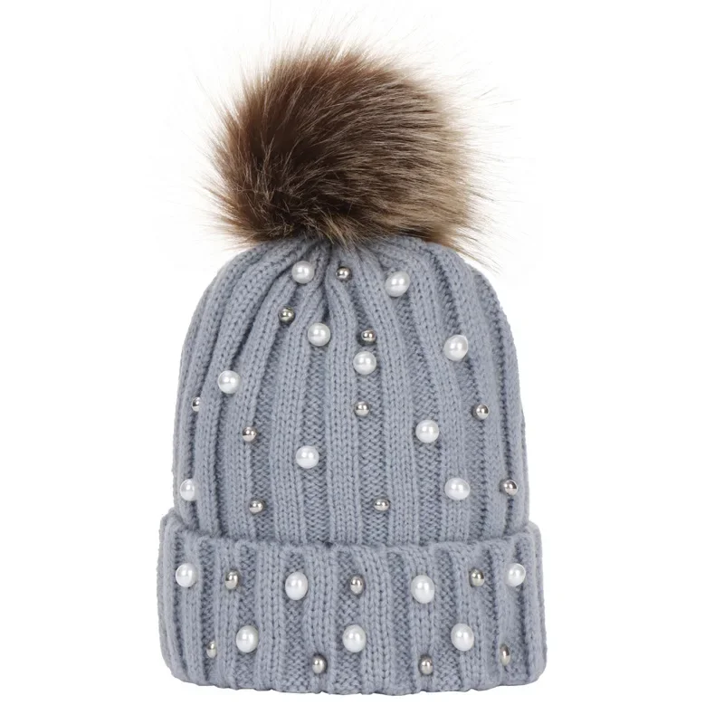 Fashion Winter Children Knitted Beanie Hat With Pearl Warm Pompom Caps For Kids Casual Pom Pom Hats Girls Boys Skullies Beanies