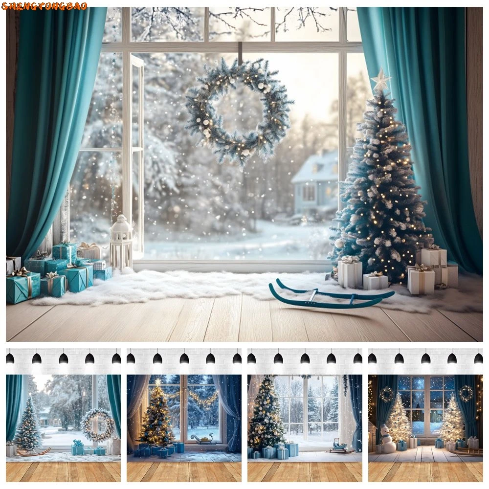 

Snow Winter Window Curtain Backdrop Christmas Tree Gifts Baby Kid Family Portrait Photography Background Decor Photo Studio Prop