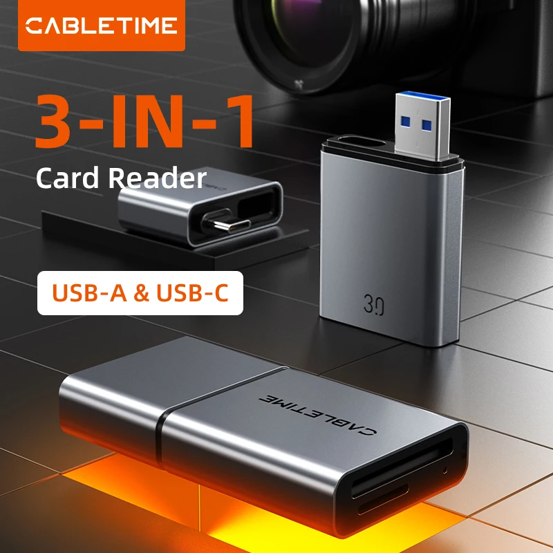 CABLETIME 3 IN 1 Card Reader USB 3.0 5Gbps USB A & USB C Combined Design Aluminum Alloy SD/TF Cards Portable for iPhone iPad