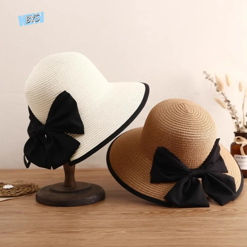 

Large Bow Straw Weave Sun Hat Wide Brim Fisherman Hat Sunscreen Bucket Hat Bohemian Sun Protection Bowknot Sun Cap Ladies/Girls