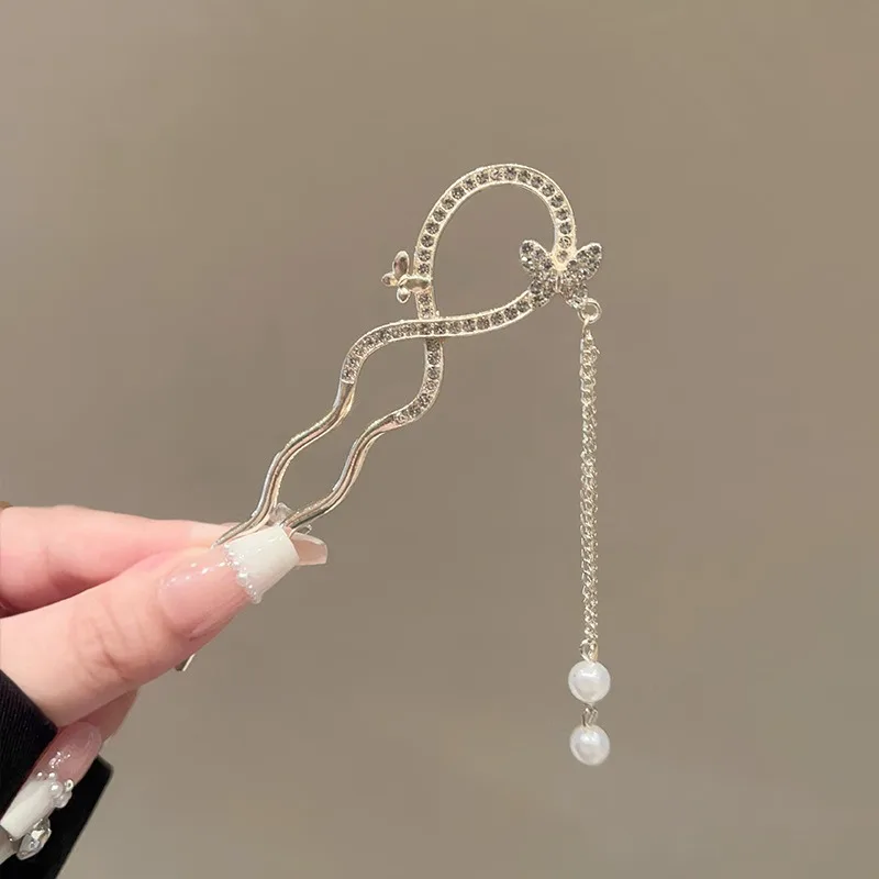 Exquisite Haaraccessoires, U-förmige Haarspange aus Metall, elegante Haarspange mit Perlenquasten, Damen-Kopfbedeckung, Haarschmuck, Haarspange