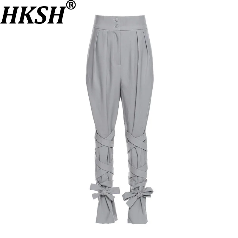 

Женские брюки-карандаш HKSH: модные, с перекрестными ремешками, плиссированные, уникальный дизайн, универсальные, высококачественные, повседневные, новинка весна-лето HK19484