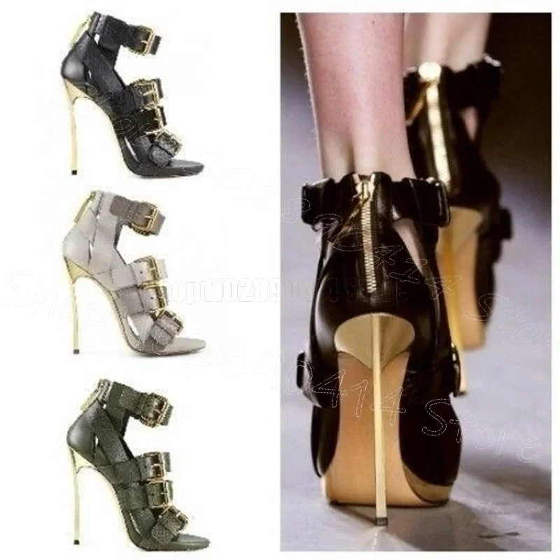 

Gray Alligator Print Open Toe Buckle Sandals Back Zipper Women Shoes Thin High Heels Party Feast Dating 2026 Zapatos Para Mujere