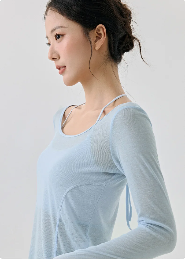 Leichte, leicht transparente Yoga-Tops für Damen, Herbst, locker geschnitten, Fitness-Gym, langärmeliges Sport-Top, großer U-Ausschnitt, Lauf-Workout-Anzug – Detail 9