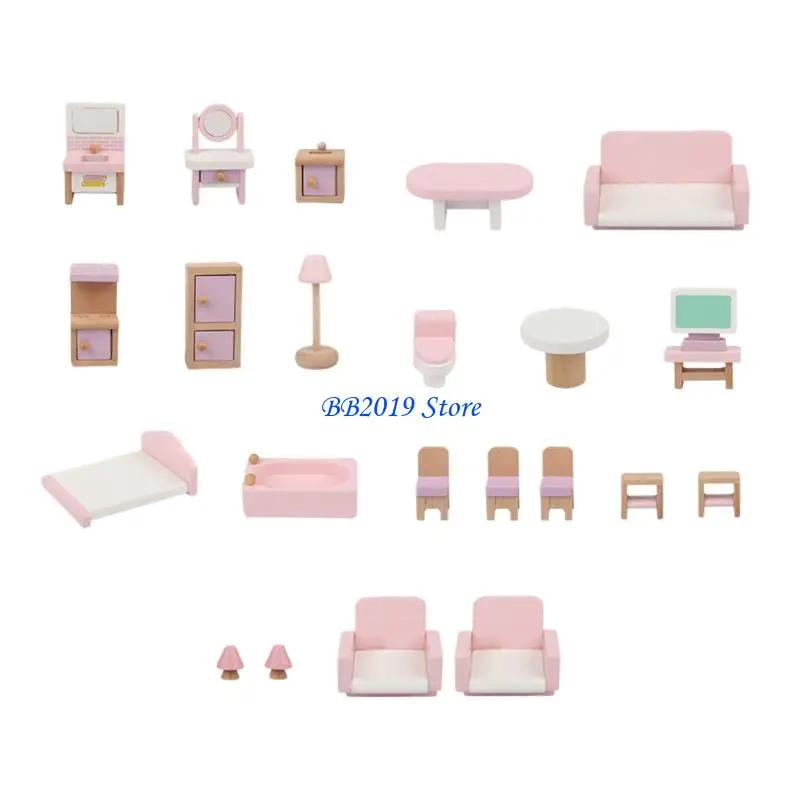 

Q0KB Pack of 22 Wooden Dollhouses Mini Furniture Set for Creative Kid Play Indoor Imaginative Role Playing Ages 3 and Up