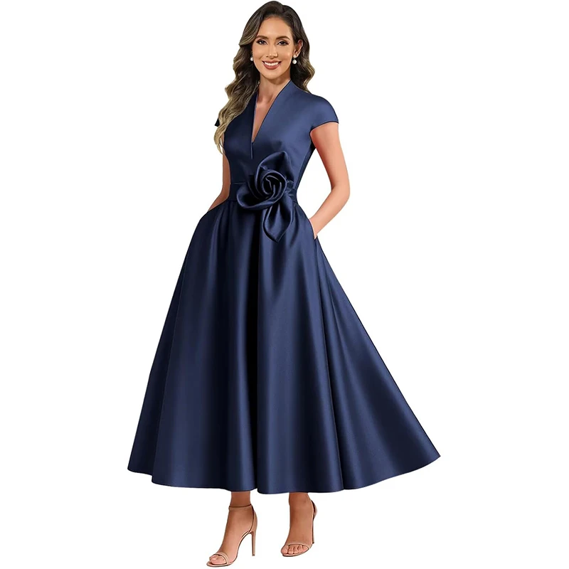 

Tea Length Satin Mother of The Bride Dresses for Women V Neck A Line Formal Evening Dresses with Cap Sleeves