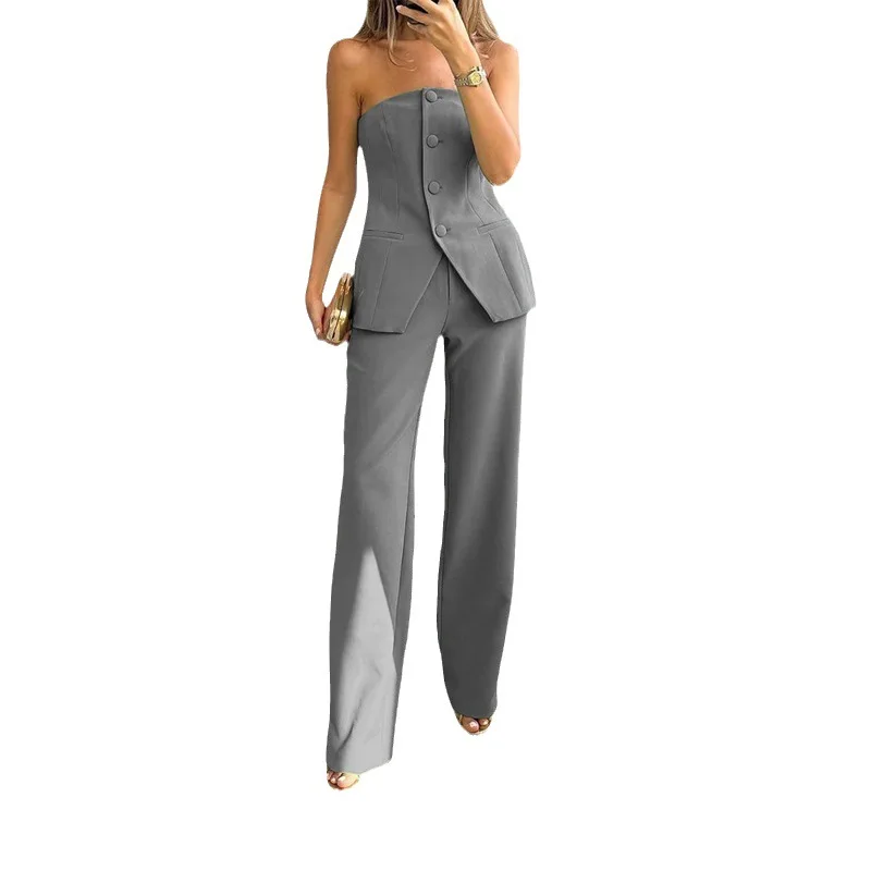 Polyester Wide Leg Pants Suit for Women, Strapless Style, High Waisted, 2-Piece Suit with Pockets, Elegant Top