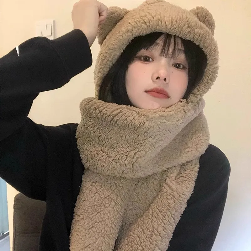 

Winter Lamb Wool Caps Cute Bear Ear Hat Scarf Gloves Set Women Caps Warm Casual Plush Neck Hats Casual Fleece Girls Beanies