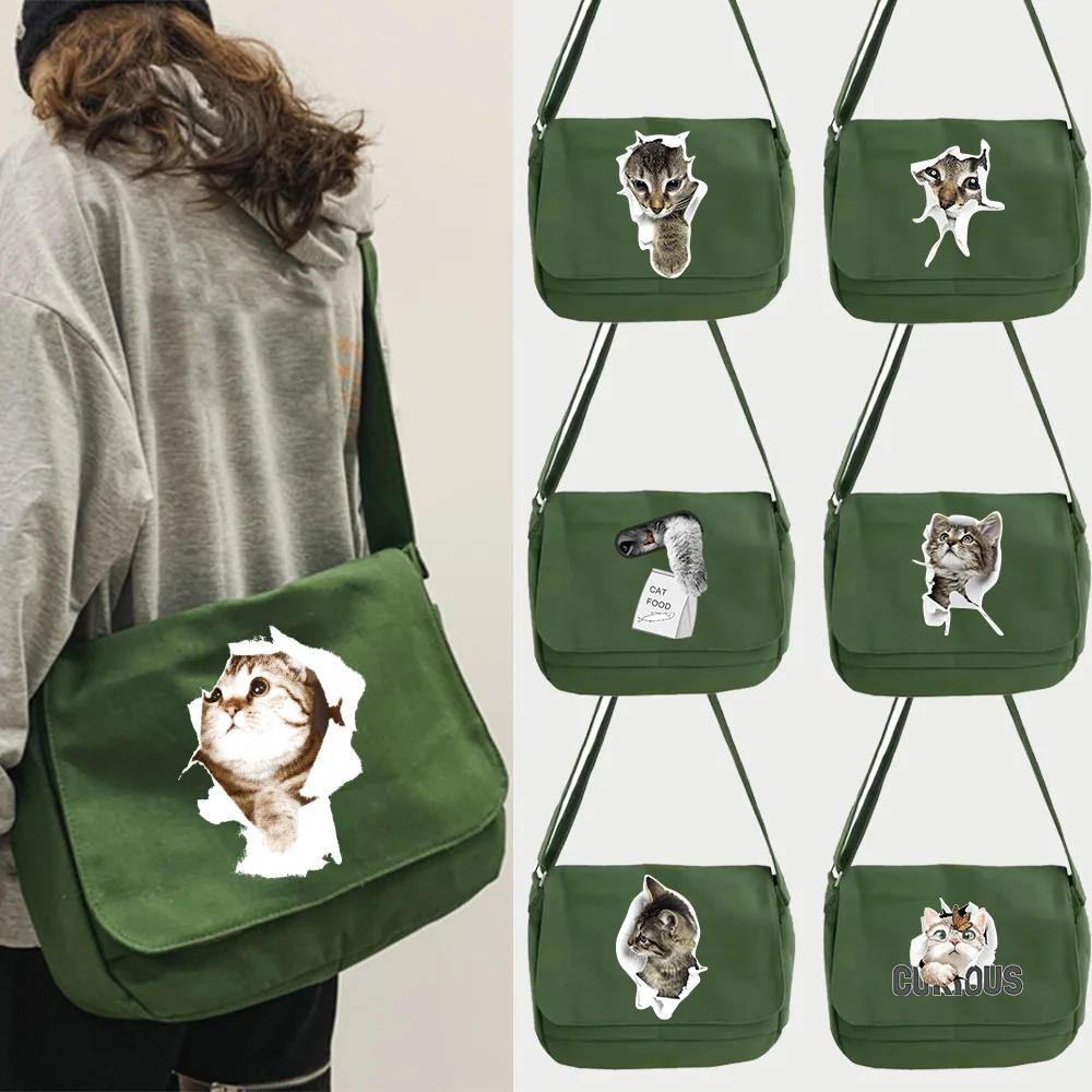 Messenger Women's Bag Canvas Cute Cat Pattern Shoulder Bags 2026 New School Travel Crossbody Bag Portable Large Capacity Handbag