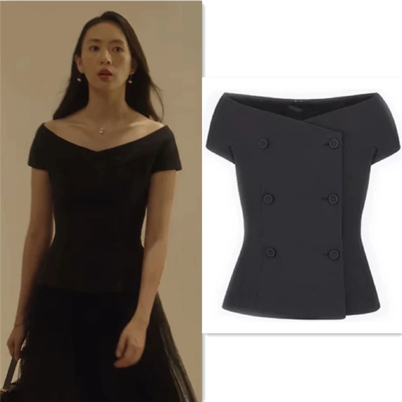 Elegant V-Neck Double-Breasted One-Shoulder Shirt Women's Fashion Commute Style Pure Color Short Sleeve Slim Fit Shirt