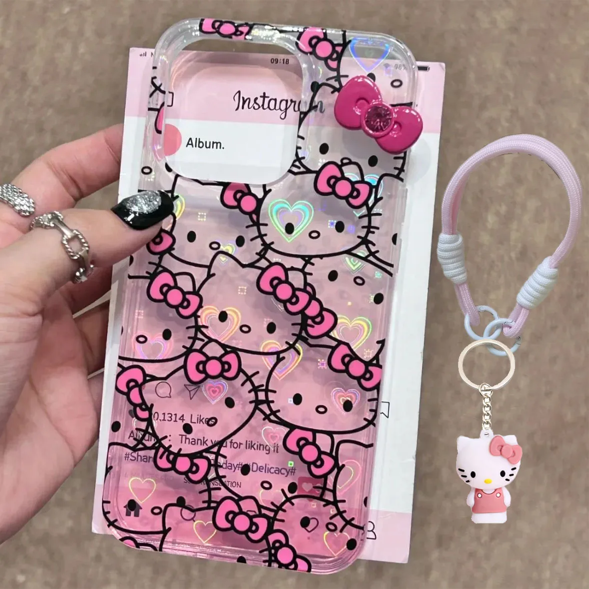 Hello Kitty Gradient Bow Strap Mirror Cute Phone Case For iPhone 14 12 13 11 15 16 Pro Max XR XS MAX 7 8Plus Y2K Pink Girl Cover