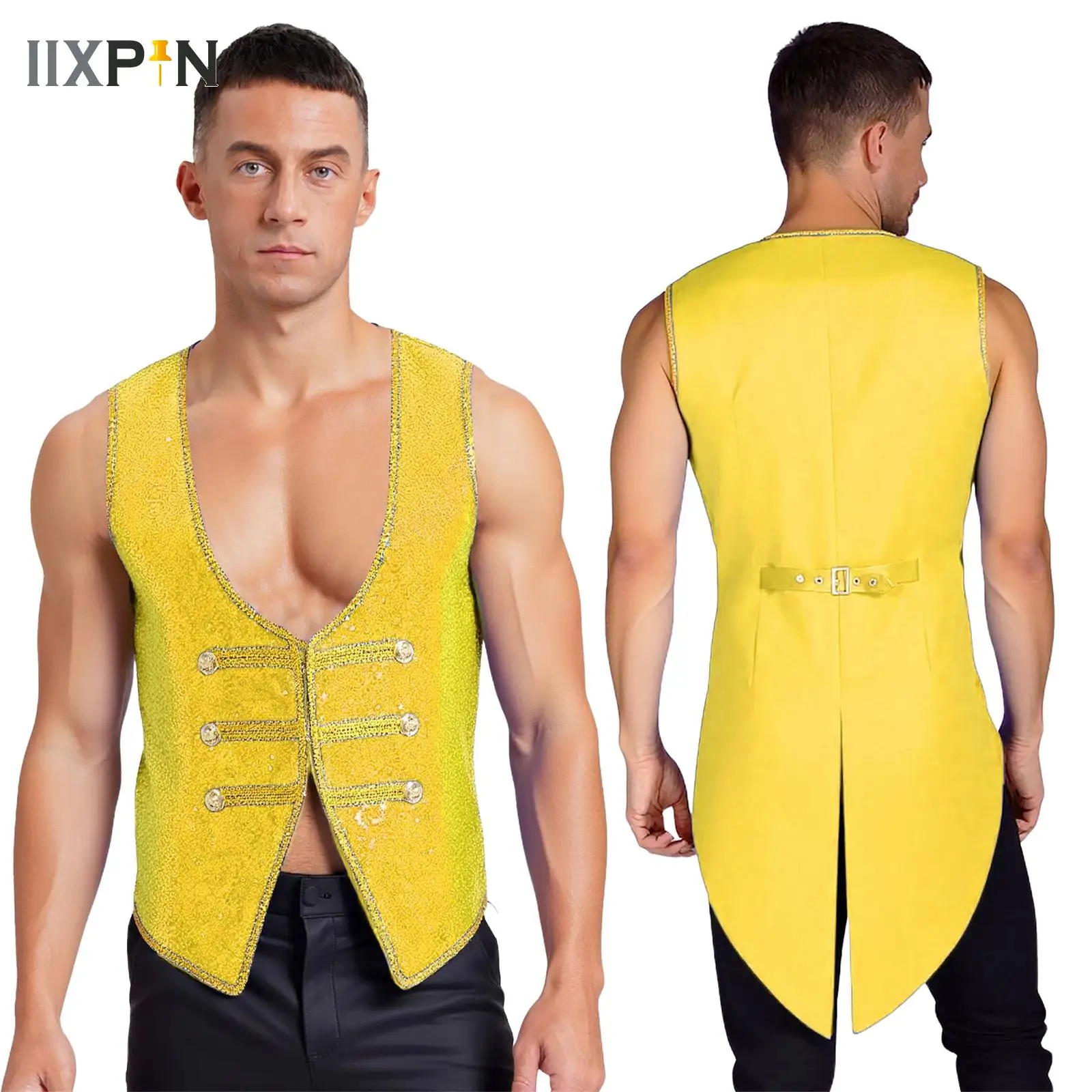 

Men Arabian Prince Costume Circus Ringmaster Cosplay Costume Sequins Vest Gold Trim Waistcoat for Halloween Carnivals Dress Up