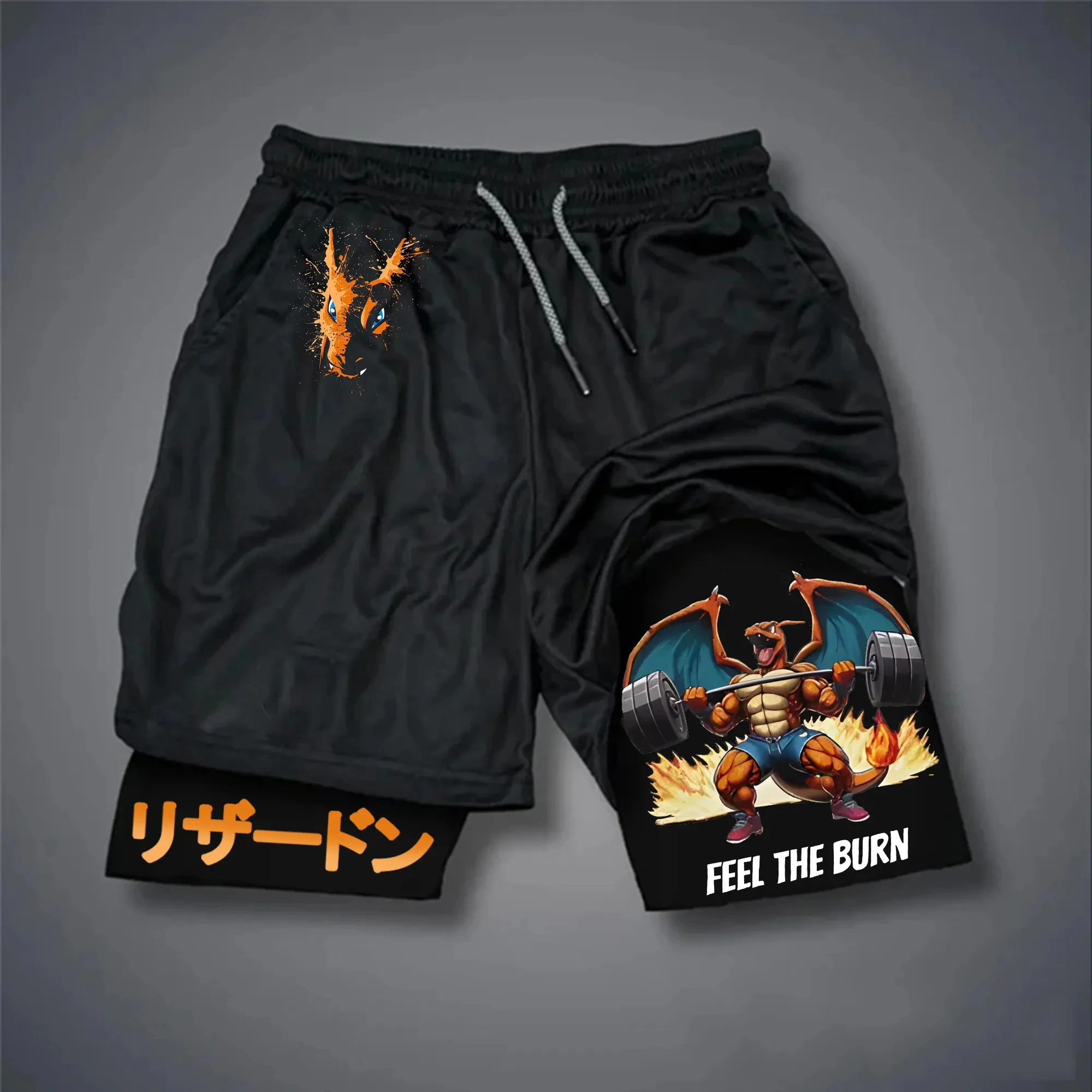 pokemon-charizard-shorts-de-treino-masculino-algodao-calcas-esportivas-2025-verao-grafico-bottoms-base-preta-esquerda-laranja-fogo-dragao-direito