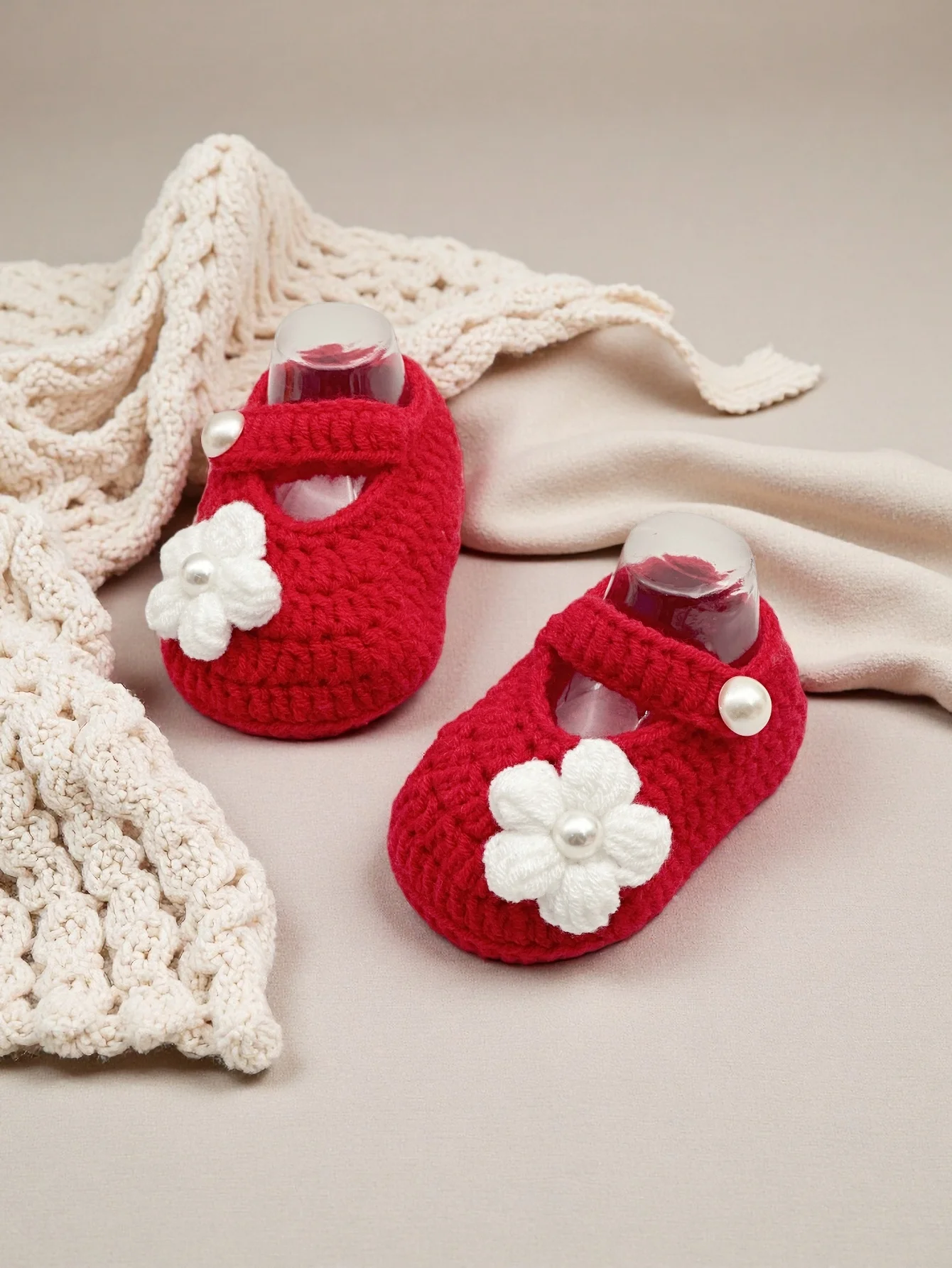 

1 Pair Handmade Crochet Baby Booties with White Flower, Red, Soft Knit Newborn Shoes with Pearl Button Detail
