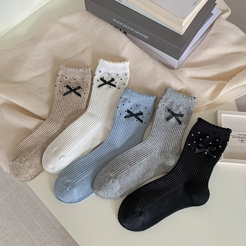 

Bow Socks Women 2025 Autumn and Winter Korean Fashion Polka Dot Medium Tube Socks Sweet Girl JK Lolita Kawaii Cute Ruffle Socks