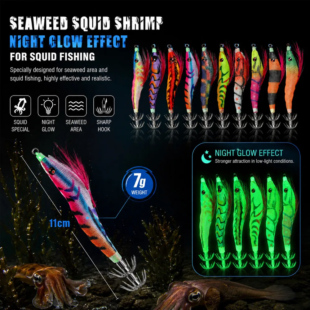 Fishing Lure 11cm/7g Squid Jig Shrimp Full Body Luminous Glow in Dark Artificial Spinner Bait Tackle for Cuttlefish Octopus