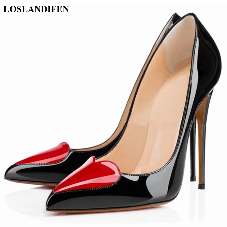 Zapatos de tacón alto en forma de corazón rojo para mujer, calzado de vestir de charol poco profundo, Sexy, negro y blanco, otoño