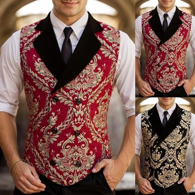 Men Retro Victorian Steampunk Sleeveless Jacquard Vest, Lapel Collar Waistcoat for Wedding Banquet Party Cosplay & Daily Wear