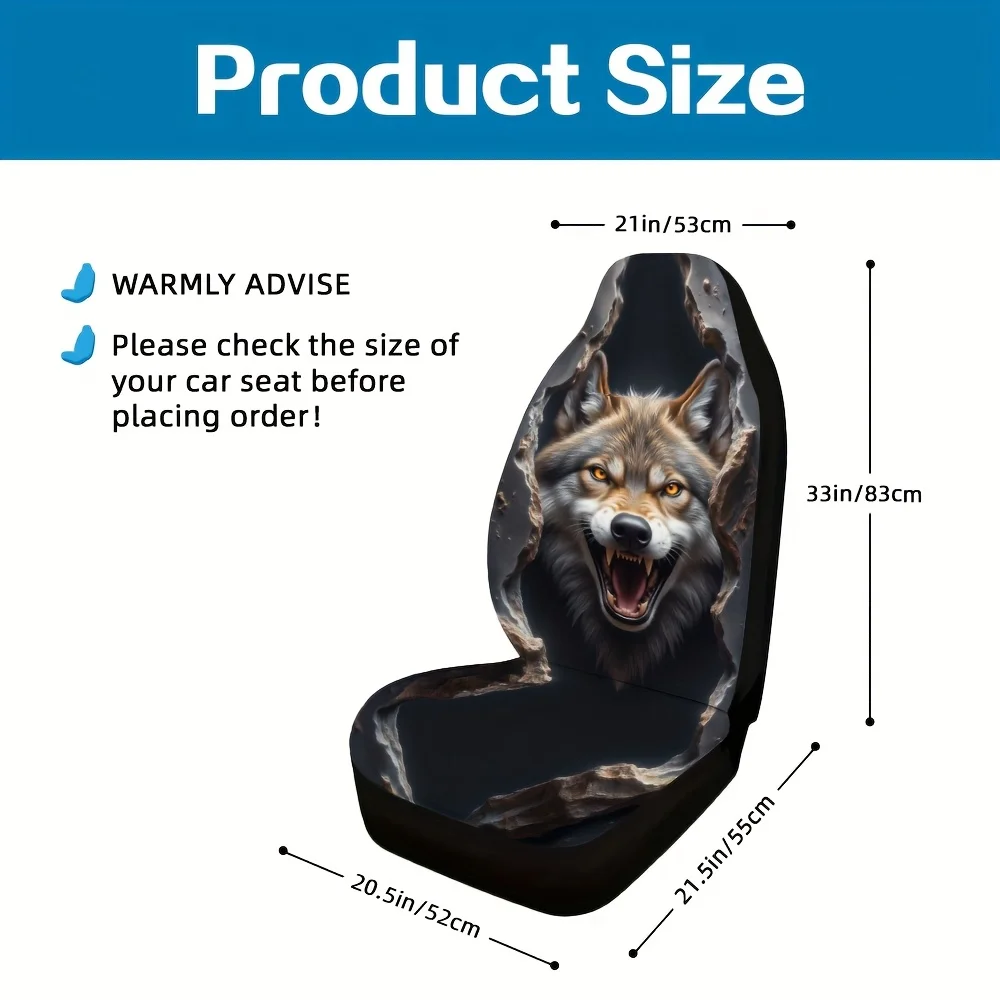 2pcs Aggressive Wolf Animal Portrait Print Front Seat Covers - Durable Polyester, Machine Washable, Fits Most Vehicles, Perfect