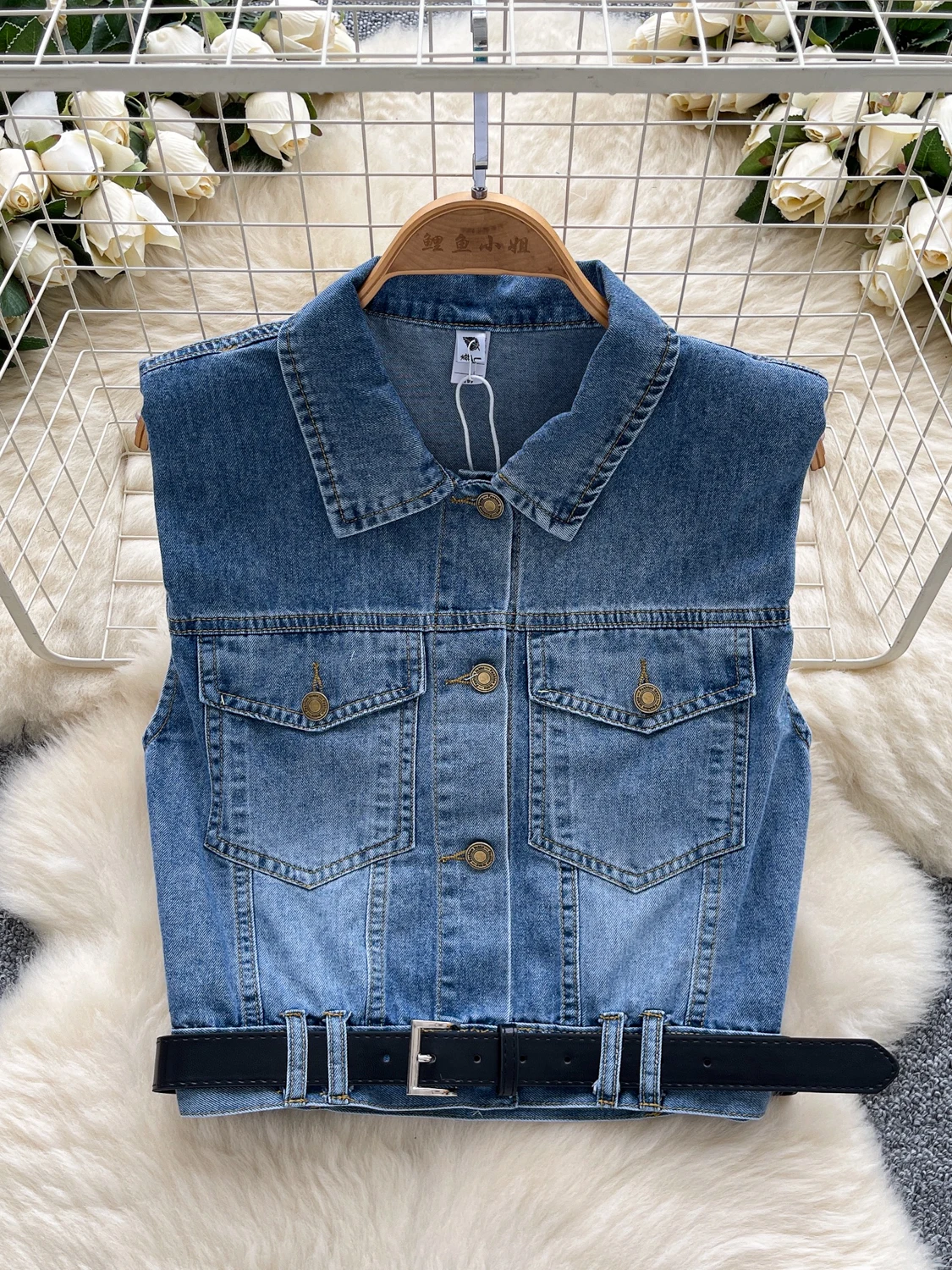 

Retro Distred Denim Jaet Women's Summer Design Sense Belted Waist Svel Collar Vest Small Bal Top