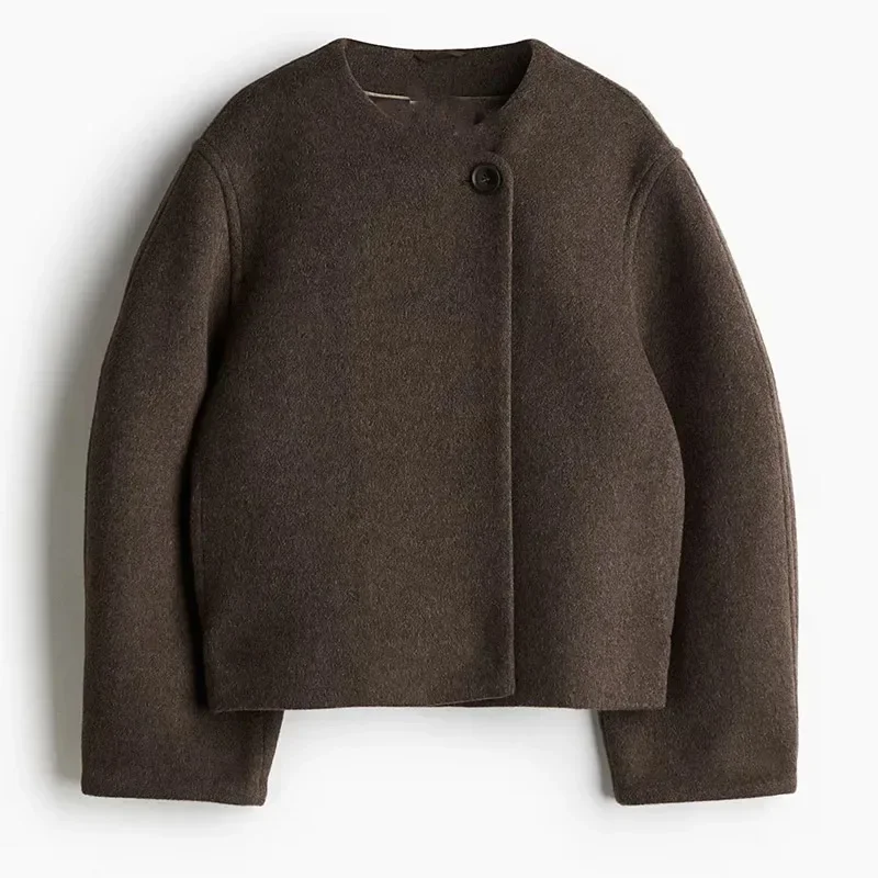 Fashion Women Solid Round Neck Short Coat Elegant Full Sleeve One Button Loose Women's Jacket Fall Winter Daily Wear