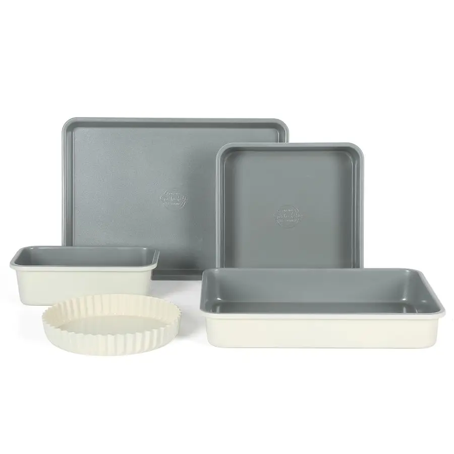 

Kitchen Essential Carbon Steel Baking Pans Bakeware Set W Premium PFOA, PFAS, PTFE Free Grey Non stick Linen White Exterior