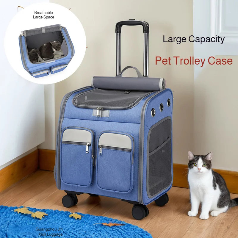 

Pet trolley backpack large capacity universal wheel cat bag foldable portable pet travel dog bag