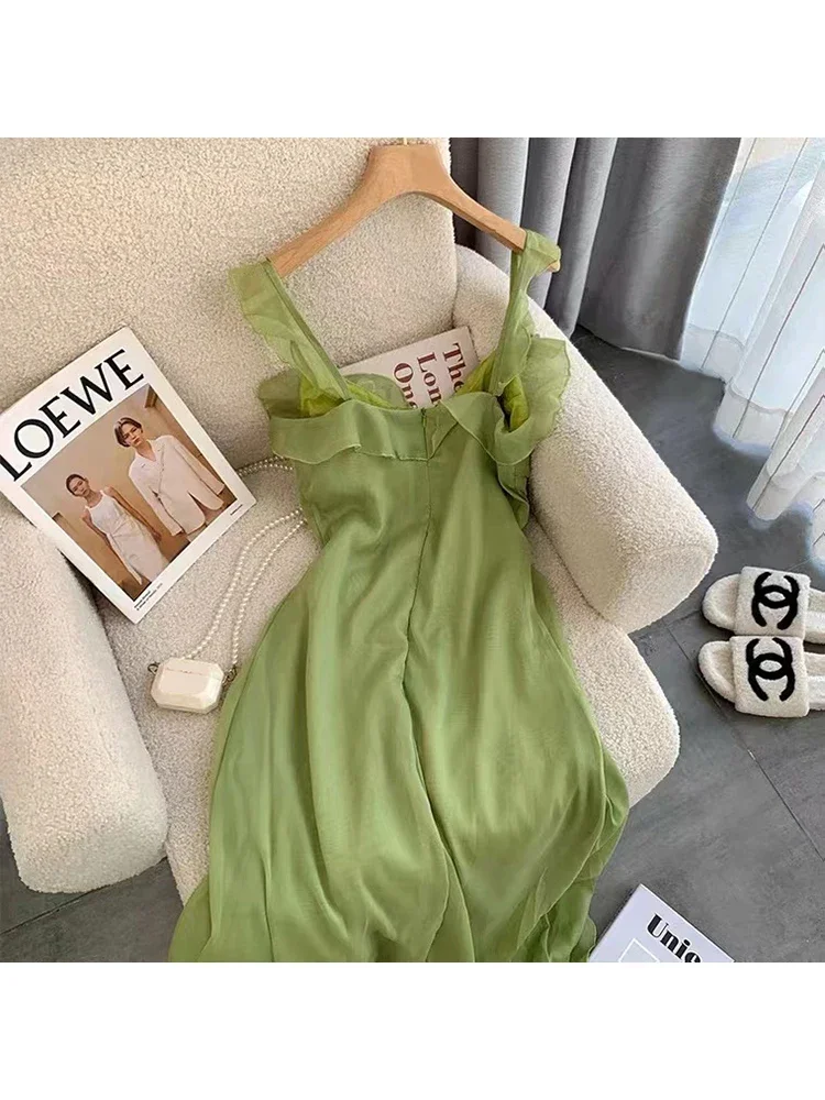 2023 Summer Women Sexy Backless V-Neck Green Suspender Dresses Spring French Elegant Party Princess Dresses Female Clothes