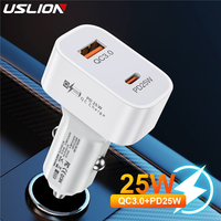 USLION Square USB Car Charger Quick Charge QC3.0 PD25W Type C 25W Fast Charging Car USB Charger For iPhone Xiaomi Mobile Phone