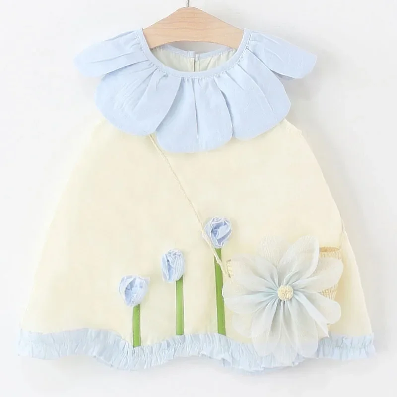

2Piece Sets Summer Girls Boutique Clothes Korean Cute Doll Collar Flowers Sleeveless Cotton Princess Dress+Bag Baby Dresses B064