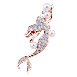 Sea Pearl Mermaid Brooch Pins for Women Personality Charm Inlaid Rhinestone Casual Party Office Brooches Jewelry Gifts
