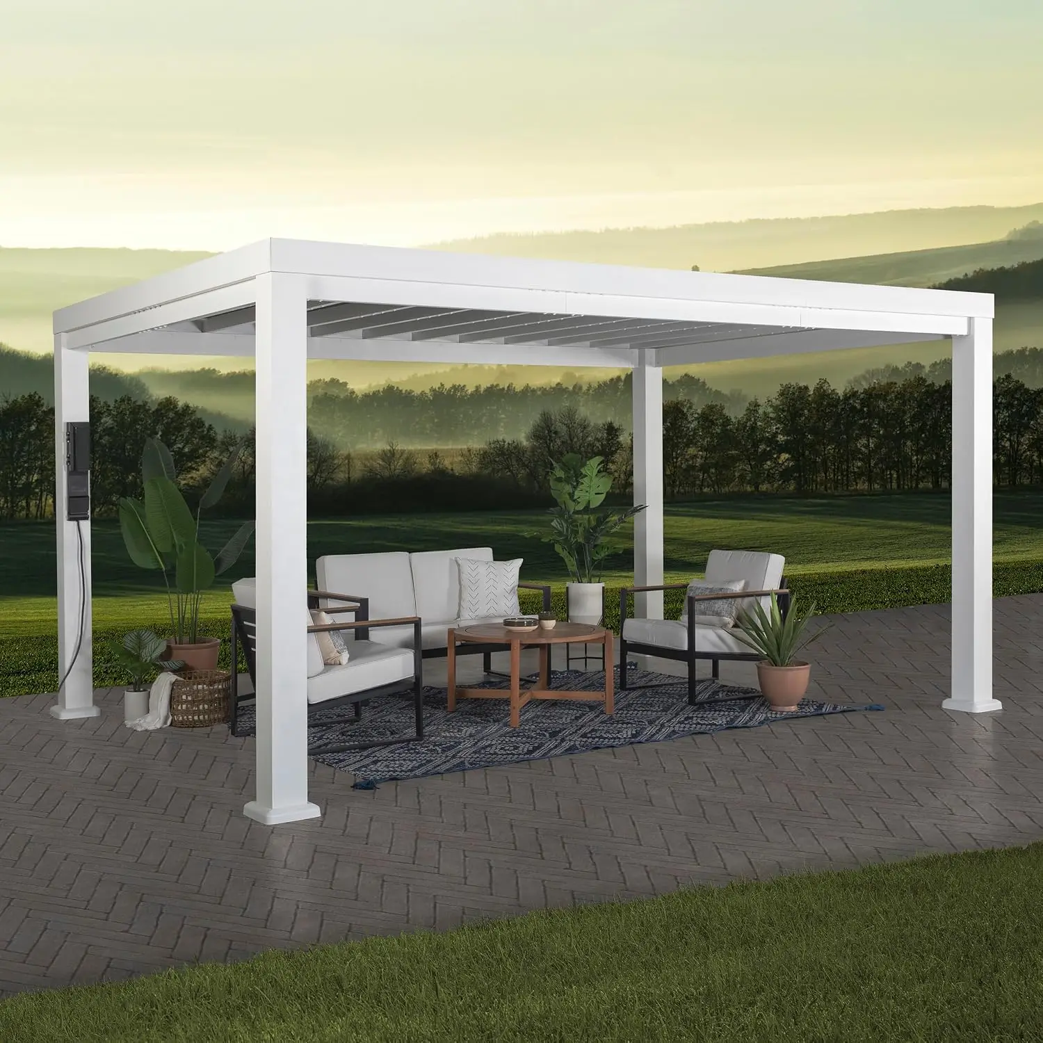 Windham 14' x 12' Modern Galvanized Steel Pergola Kit with Shade Sail Canopy, All-Season Durability, PowerPort, High-Wind Rating
