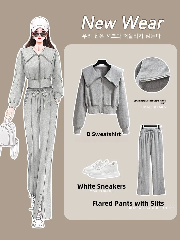 

Grey Sweatshirt Set Women's Spring Autumn Casual Fashion Sport Two-Piece Suit Long Sleeve Zipper Closure Flip Collar Long Pants